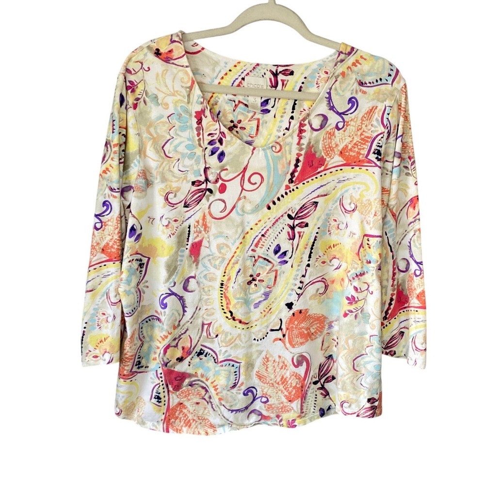 Chico's Multi Color Paisley Floral V-Neck 3/4 Sleeve Knit Top‎ Size 3 XL